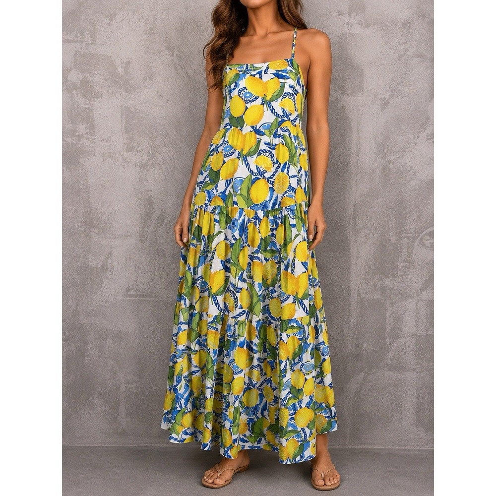 Kenny Flowers The Positano Dress Womens Large Lemon Print Tiered Maxi Sundress